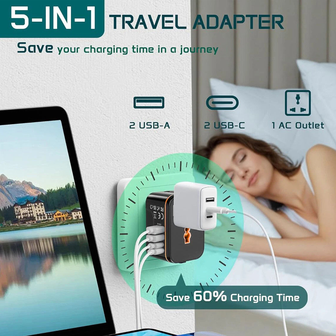 Universal Travel Adapter Worldwide Plug UK EU AU US With USB-C Port Fast Charger